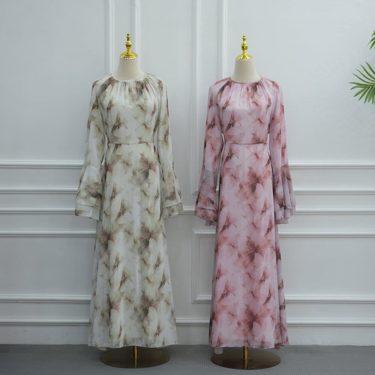 Watercolour Print Double-Layer Flared-Sleeve Maxi Dress(MS479) - A-1 Thread Vault