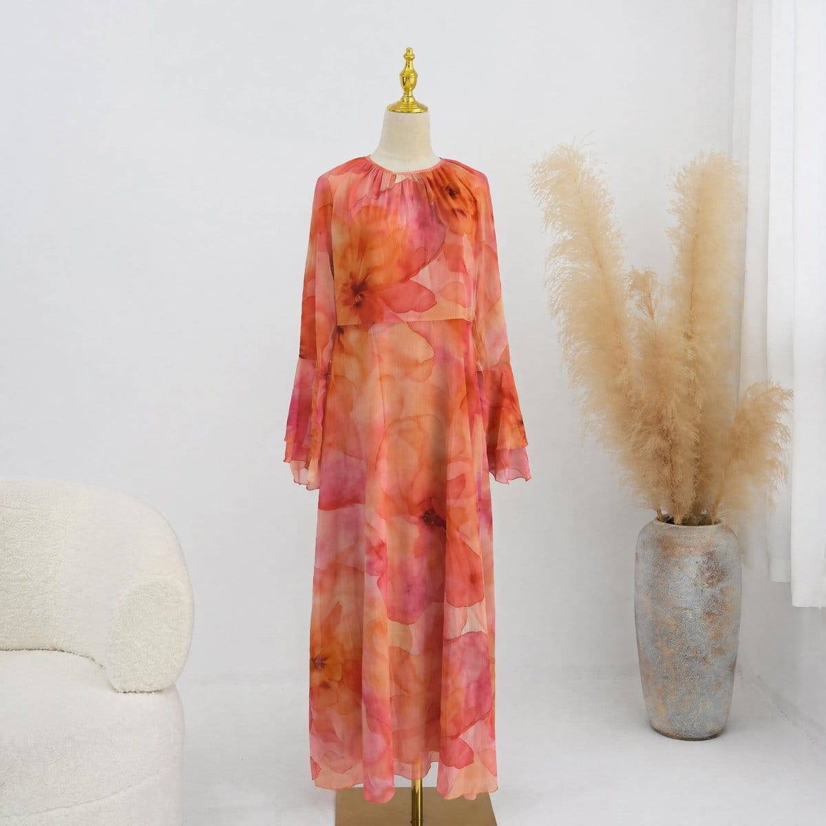 Watercolour Print Double-Layer Flared-Sleeve Maxi Dress(MS479) - A-1 Thread Vault
