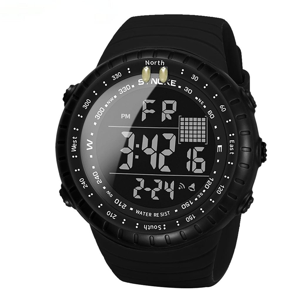 A black digital sports watch with a circular face and silicone strap displays the time, date, and day of the week on its luminous LCD screen.