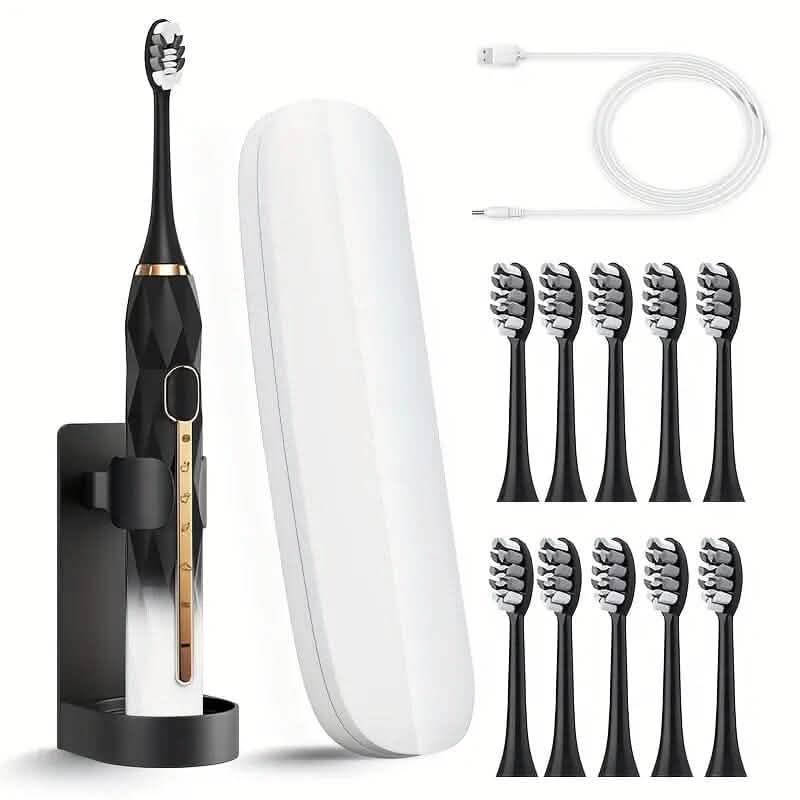 Waterproof USB Rechargeable Electric Toothbrush with 10 Replaceable Toothbrush Heads, Charger and Case - A-1 Thread Vault
