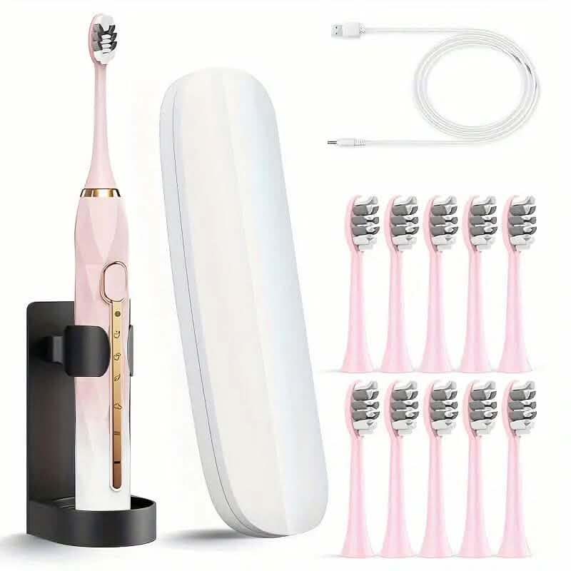 Waterproof USB Rechargeable Electric Toothbrush with 10 Replaceable Toothbrush Heads, Charger and Case - A-1 Thread Vault
