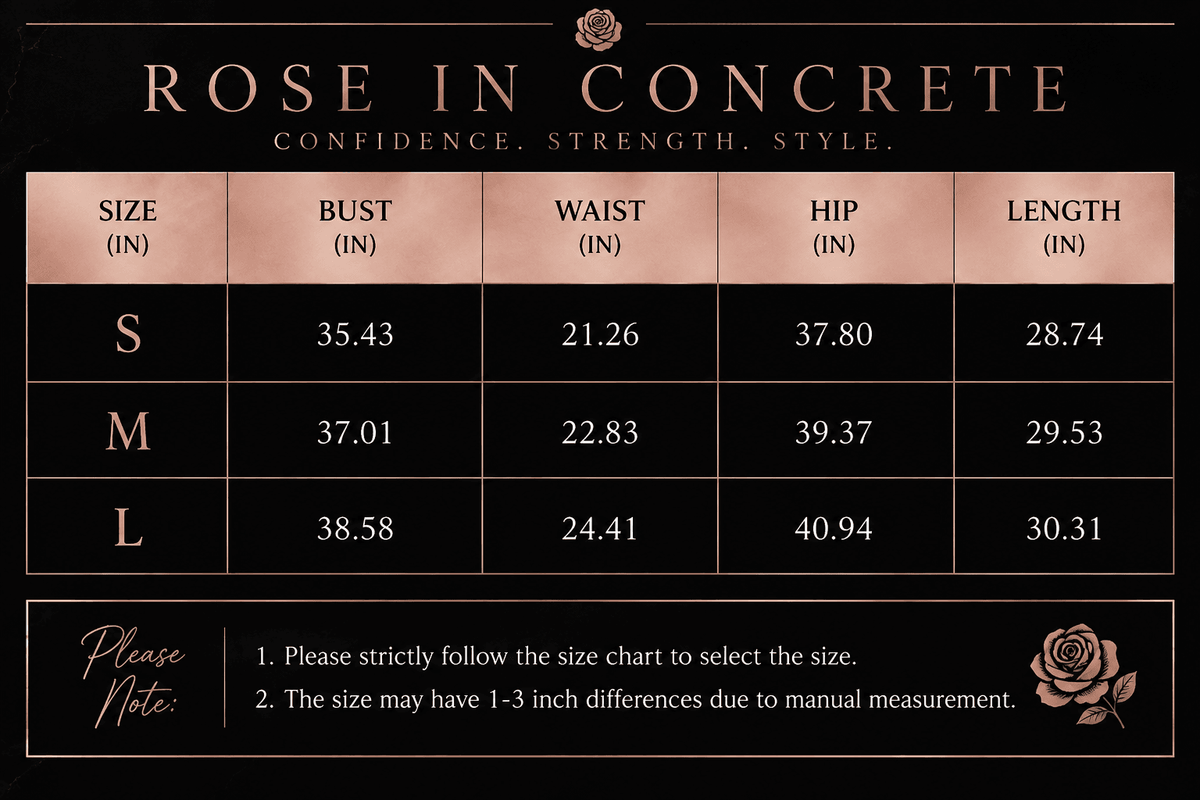 A size chart for clothing displays bust, waist, hip, and length measurements in inches for small, medium, and large sizes in a table with a rose gold background.