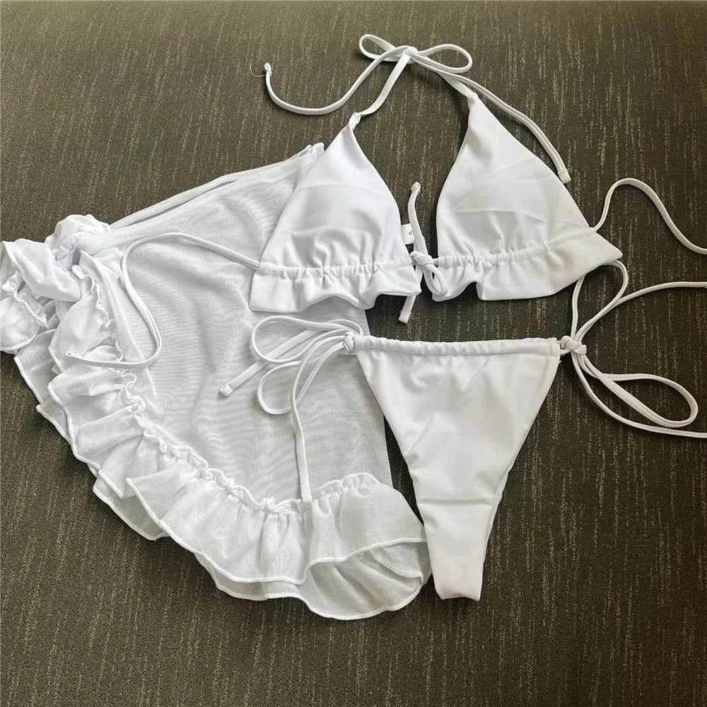 White Mesh Cover Up Swimwear String Halter 3 Piece Bikini Set Micro Thong Swimsuit Beachwear Ruffled Triangle Bikinis 2026 Mujer - A-1 Thread Vault