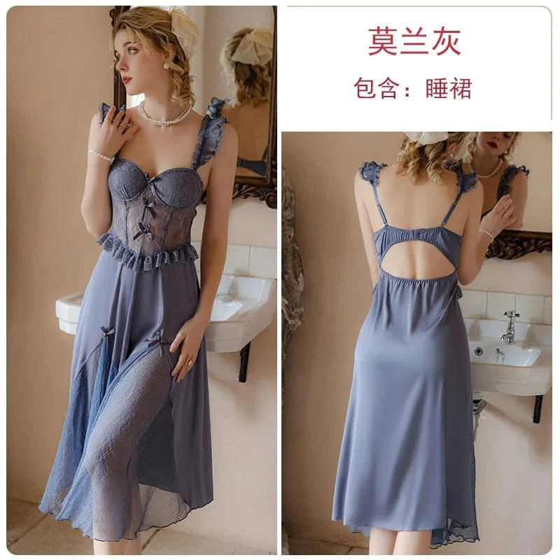 White Perspective Female Robe Set Lace Kimono Nightdress Sleepwear Summer Bathrobe Nightgown Suit Women Mesh Home Wear Clothing - A-1 Thread Vault