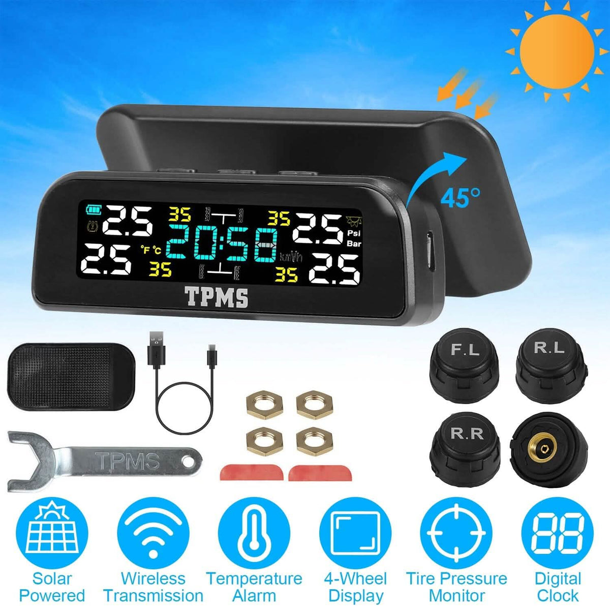 Wireless Solar Car Tire Pressure Monitoring System Auto Tire Pressure with Sensors Temperature Alarm - A-1 Thread Vault