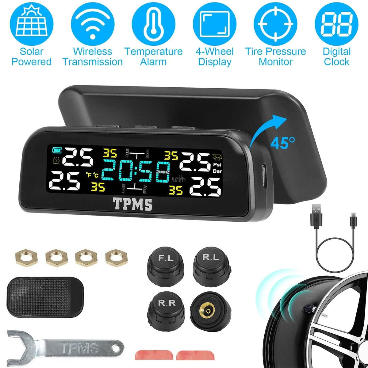 Wireless Solar Car Tire Pressure Monitoring System Auto Tire Pressure with Sensors Temperature Alarm - A-1 Thread Vault
