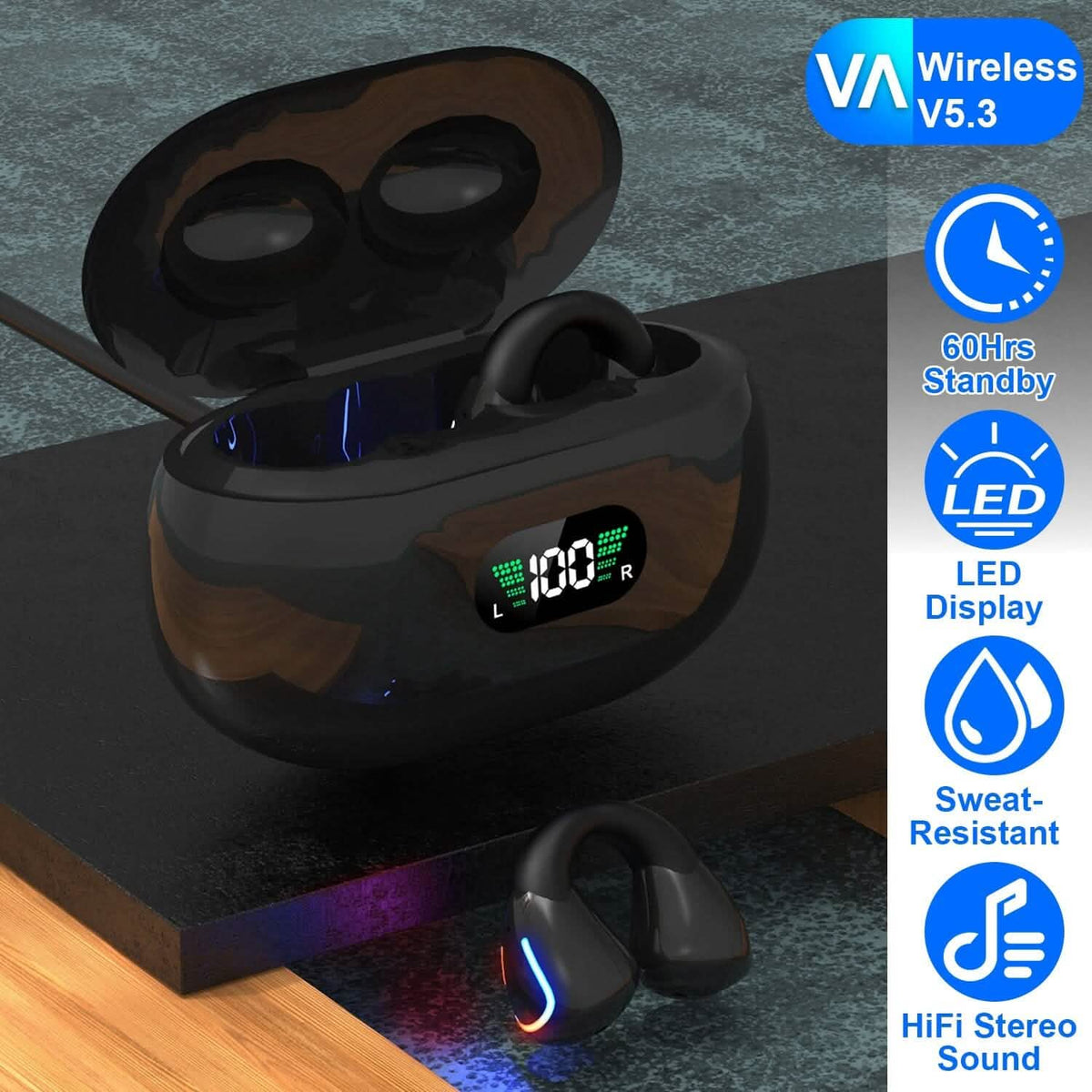 Wireless v5.3 Earbuds Clip-on Open TWS Earphones with Built-in Mic LED Charging Display Case - A-1 Thread Vault