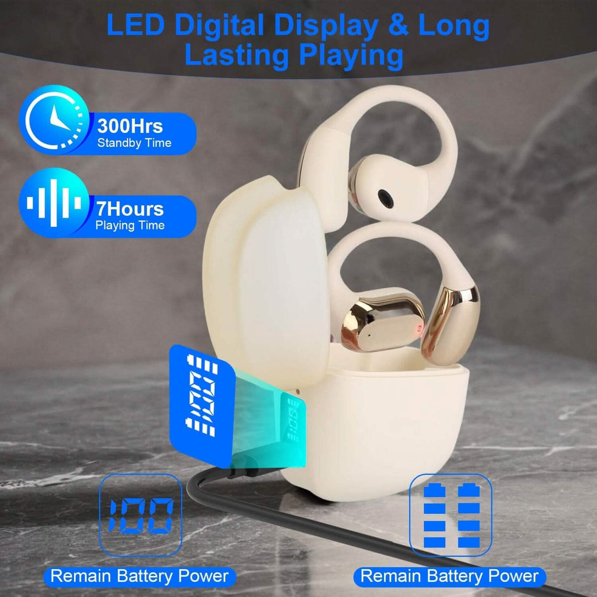 Wireless V5.4 Open Ear Earbuds with Earhook LED Display Charging Case - A-1 Thread Vault