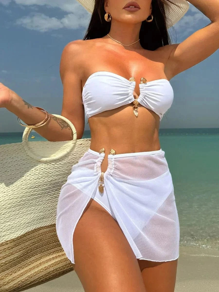 With Mesh Skirt Bandeau Bikini Women Swimwear Female Swimsuit Three-pieces Bikini Set Metal Ring Bathing Suit Swim Beachwear - A-1 Thread Vault