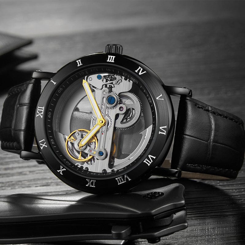Wolishi Mens Mechanical Watch Leather Strap Waterproof Open-work Design - A-1 Thread Vault