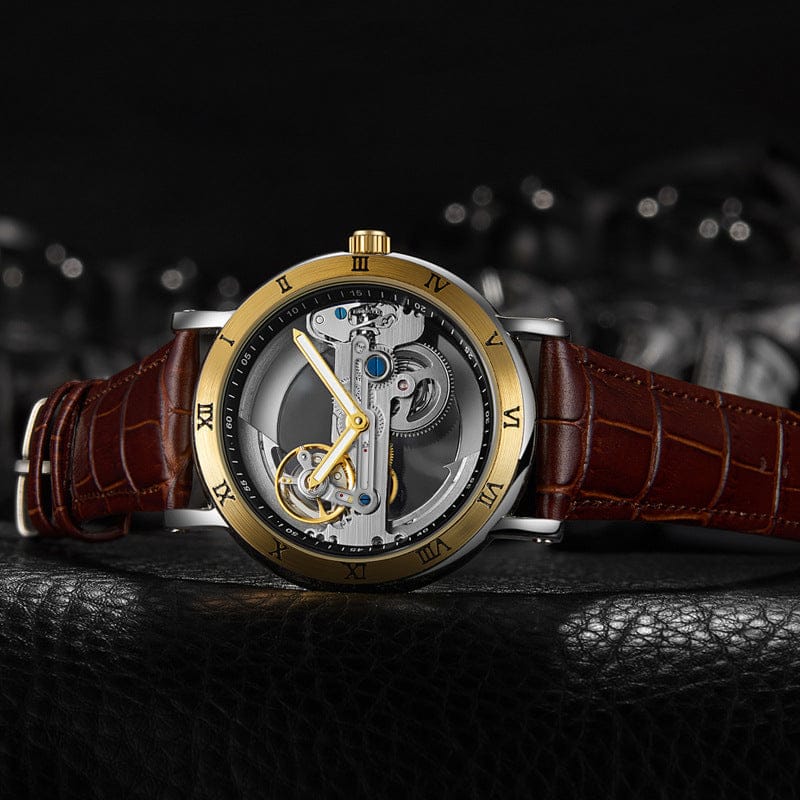 Wolishi Mens Mechanical Watch Leather Strap Waterproof Open-work Design - A-1 Thread Vault
