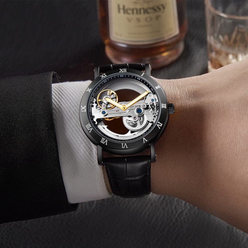 Wolishi Mens Mechanical Watch Leather Strap Waterproof Open-work Design - A-1 Thread Vault