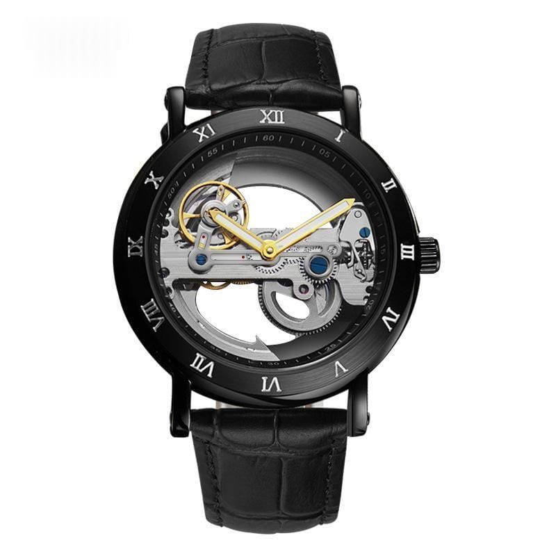 Wolishi Mens Mechanical Watch Leather Strap Waterproof Open-work Design - A-1 Thread Vault