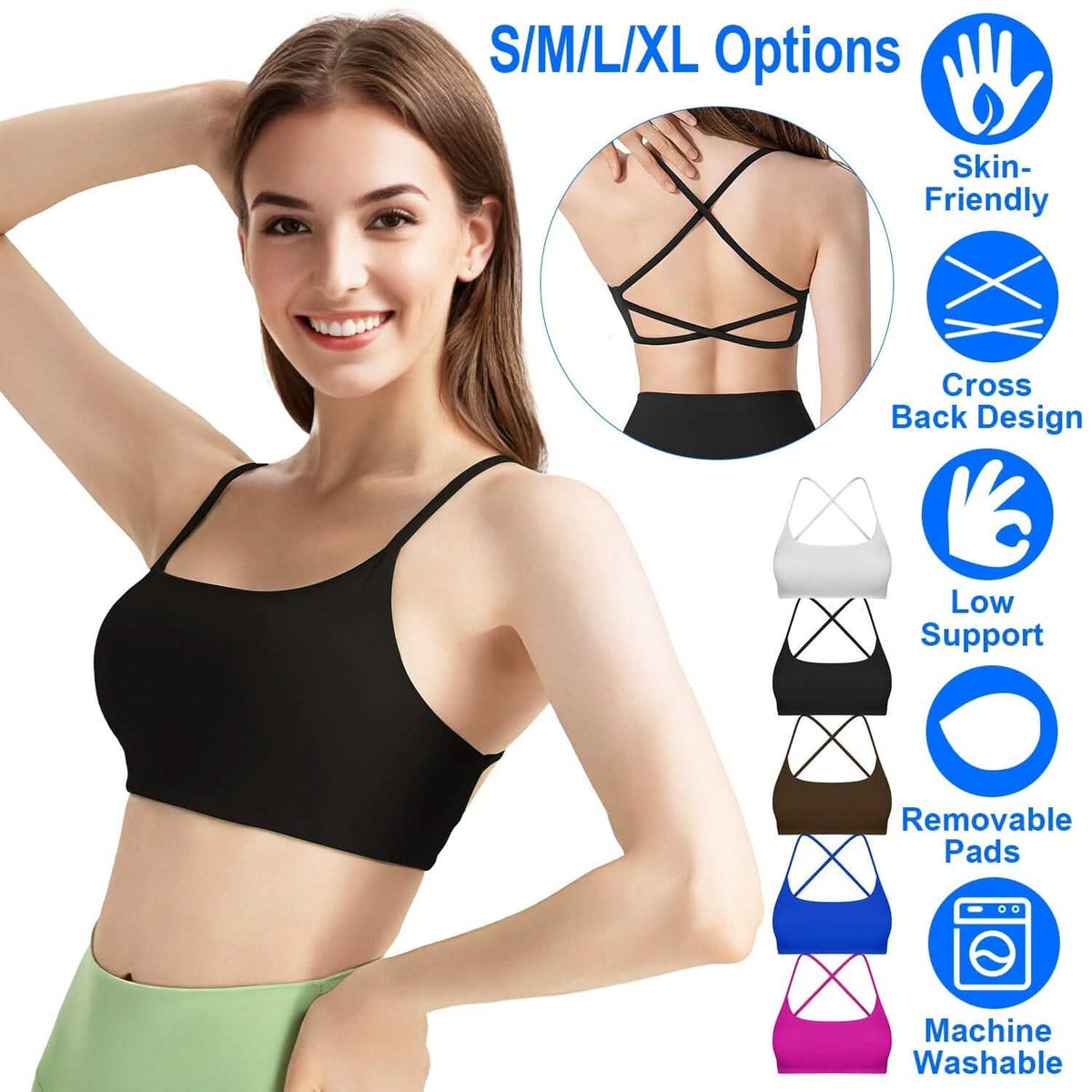 Women Cross Back Sport Bras Padded with Removable Pads Thin Straps - A-1 Thread Vault