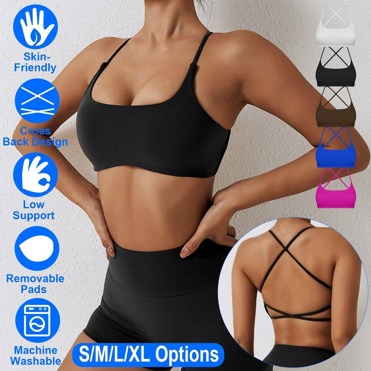 Women Cross Back Sport Bras Padded with Removable Pads Thin Straps - A-1 Thread Vault