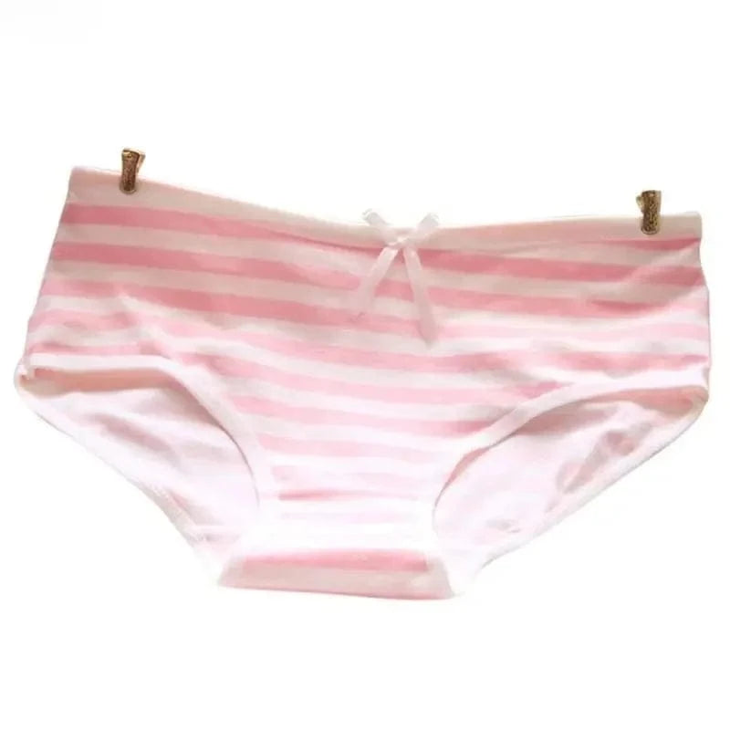 Women's panties featuring a white and light pink horizontal striped pattern and a small white bow centered on the waistband.