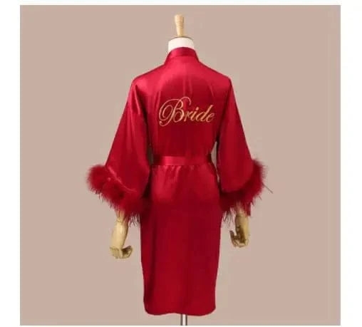 Women FEATHER Bride Bridesmaid Wedding Robe Satin Kimono Bathrobe Gown Nightwear Embroidery Letter Nightgown V-Neck Lingerie - A-1 Thread Vault