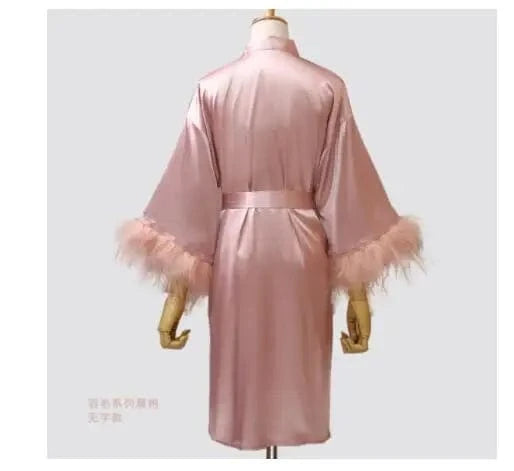 Women FEATHER Bride Bridesmaid Wedding Robe Satin Kimono Bathrobe Gown Nightwear Embroidery Letter Nightgown V-Neck Lingerie - A-1 Thread Vault