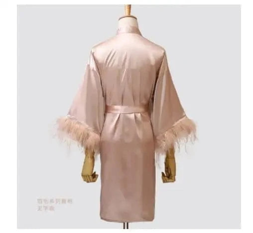 Women FEATHER Bride Bridesmaid Wedding Robe Satin Kimono Bathrobe Gown Nightwear Embroidery Letter Nightgown V-Neck Lingerie - A-1 Thread Vault