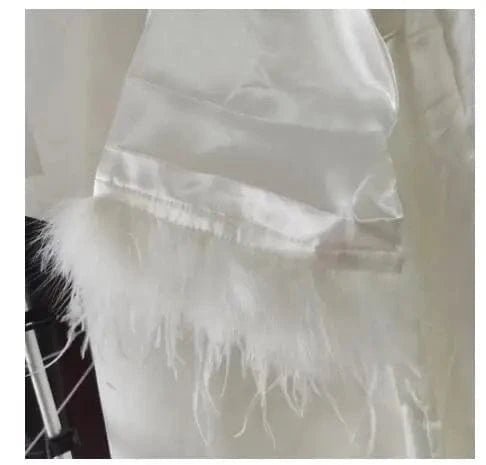Women FEATHER Bride Bridesmaid Wedding Robe Satin Kimono Bathrobe Gown Nightwear Embroidery Letter Nightgown V-Neck Lingerie - A-1 Thread Vault