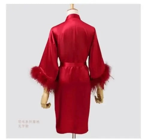 Women FEATHER Bride Bridesmaid Wedding Robe Satin Kimono Bathrobe Gown Nightwear Embroidery Letter Nightgown V-Neck Lingerie - A-1 Thread Vault