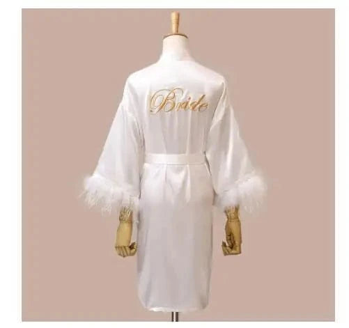 Women FEATHER Bride Bridesmaid Wedding Robe Satin Kimono Bathrobe Gown Nightwear Embroidery Letter Nightgown V-Neck Lingerie - A-1 Thread Vault