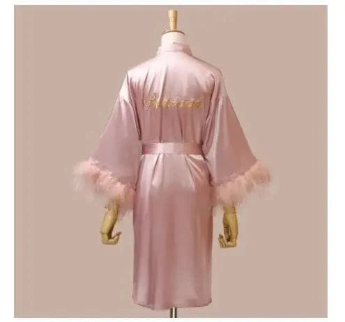 Women FEATHER Bride Bridesmaid Wedding Robe Satin Kimono Bathrobe Gown Nightwear Embroidery Letter Nightgown V-Neck Lingerie - A-1 Thread Vault