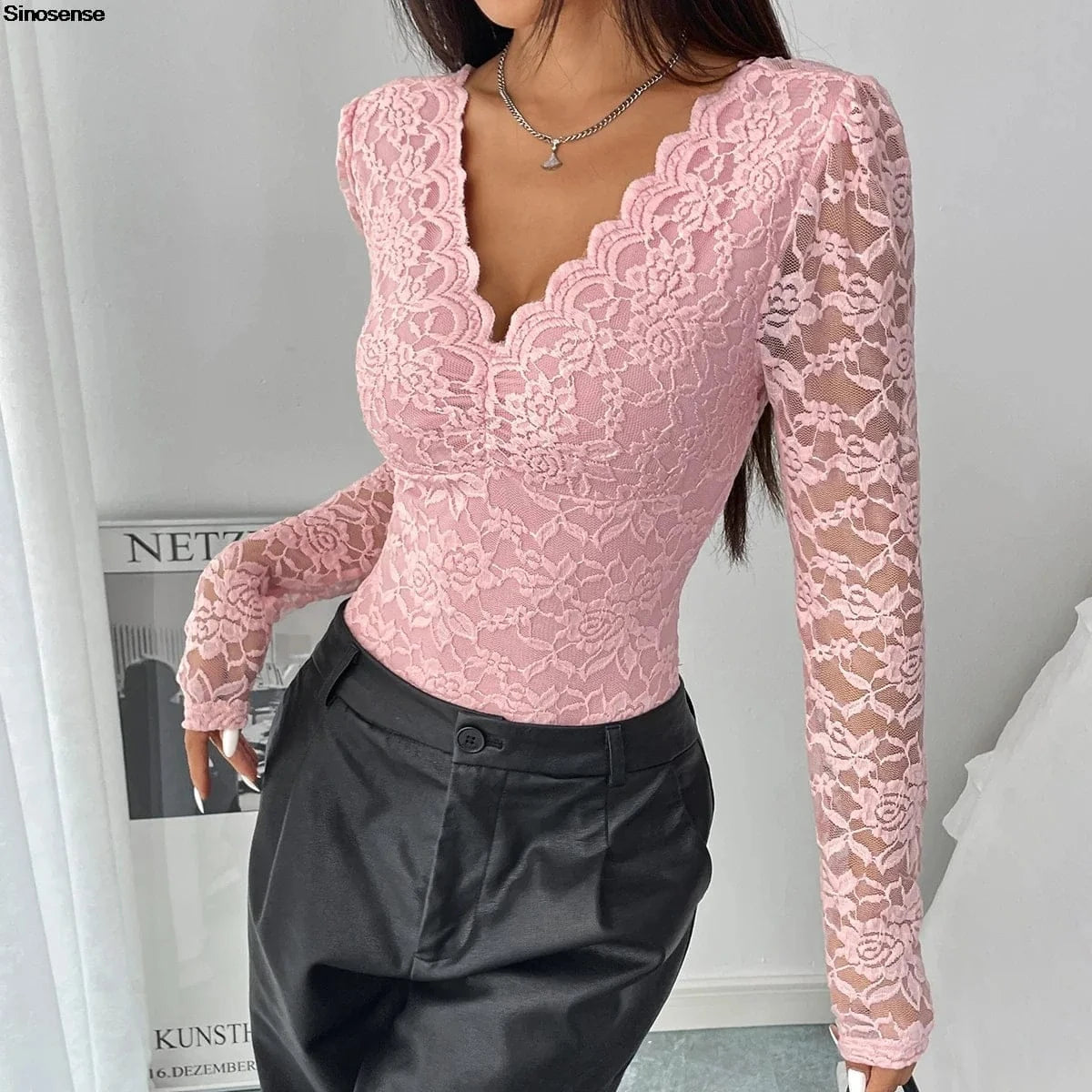 Women Floral Lace Scallop Trim Teddy Bodysuit Long Sleeve V Neck Slimming Body Shaper Sexy Night Club Party Leotards Tops - A-1 Thread Vault