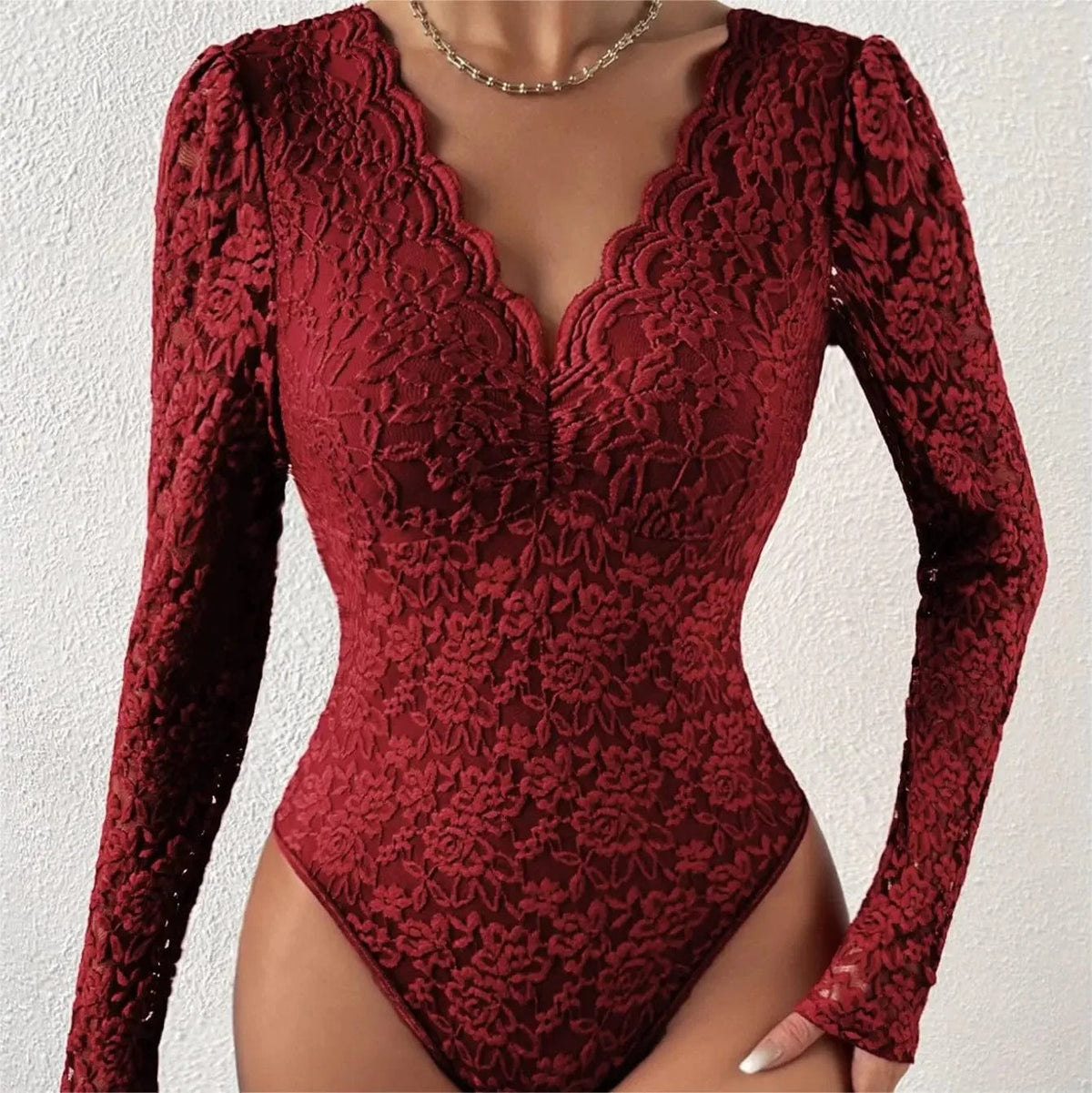 Women Floral Lace Scallop Trim Teddy Bodysuit Long Sleeve V Neck Slimming Body Shaper Sexy Night Club Party Leotards Tops - A-1 Thread Vault