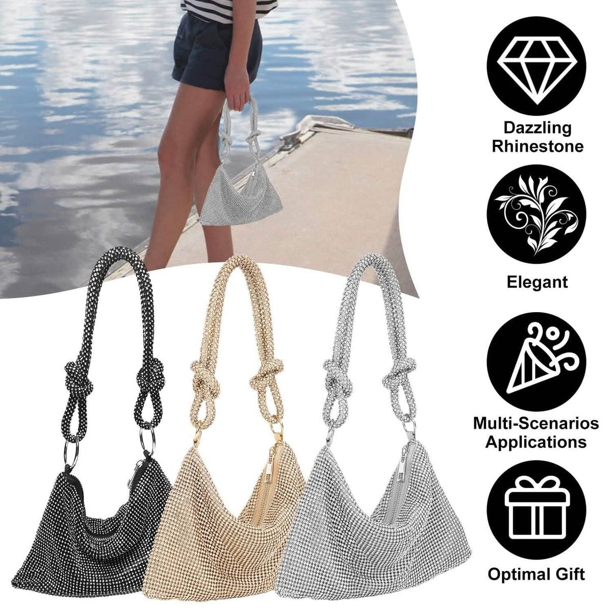 Women Glitter Evening Bags Shiny Rhinestone Handbag Purses - A-1 Thread Vault