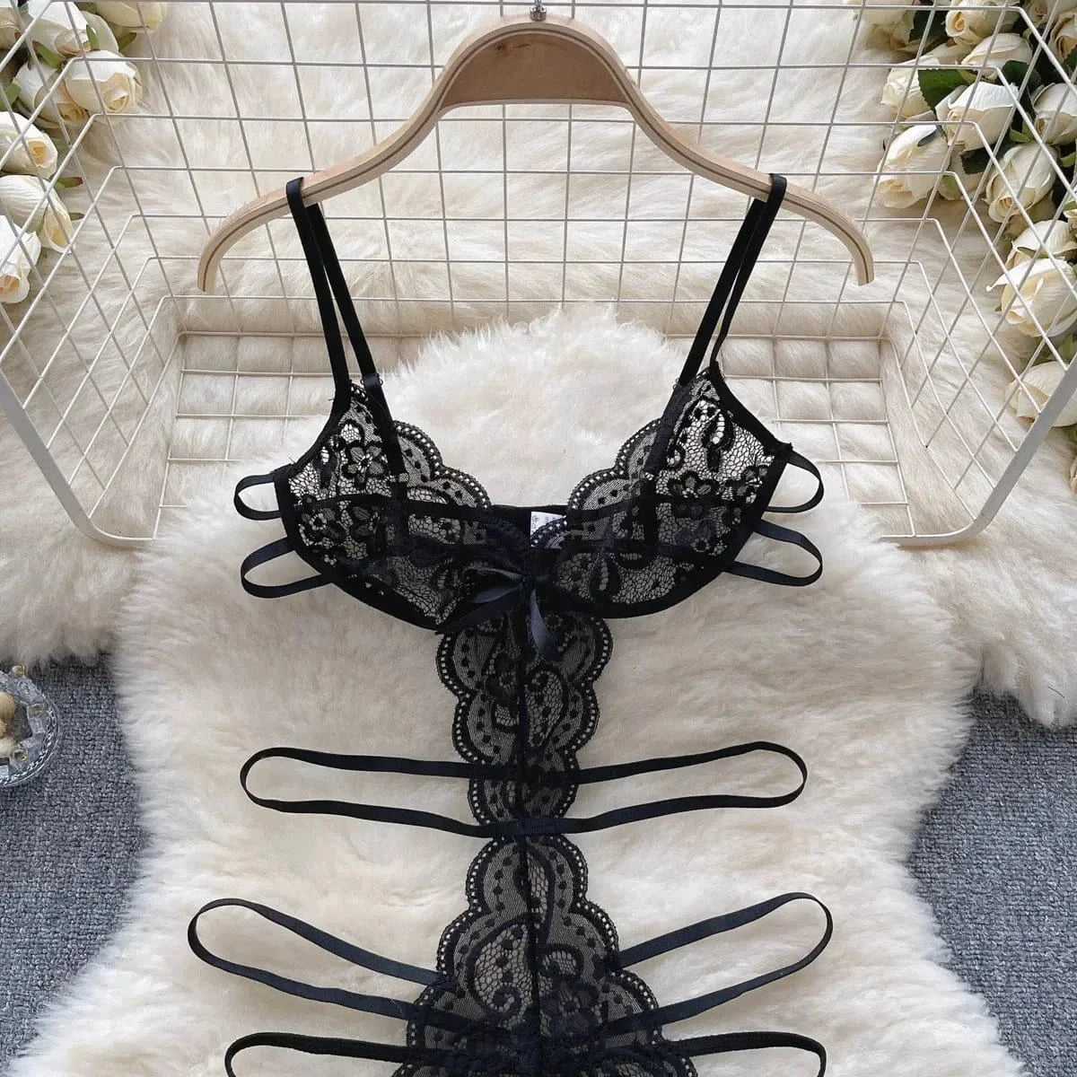 Women' Hollow Lace Camisole Bodysuit V-Neck Backless Sleeveless Erotic Lingerie Slim Fit Bow Pajamas Sexy Black Sheer Playsuit - A-1 Thread Vault