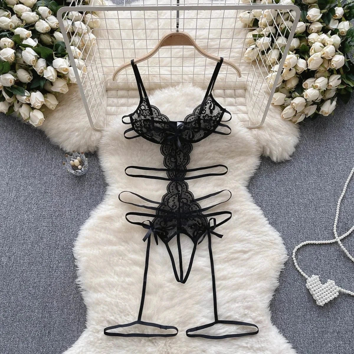 Women' Hollow Lace Camisole Bodysuit V-Neck Backless Sleeveless Erotic Lingerie Slim Fit Bow Pajamas Sexy Black Sheer Playsuit - A-1 Thread Vault
