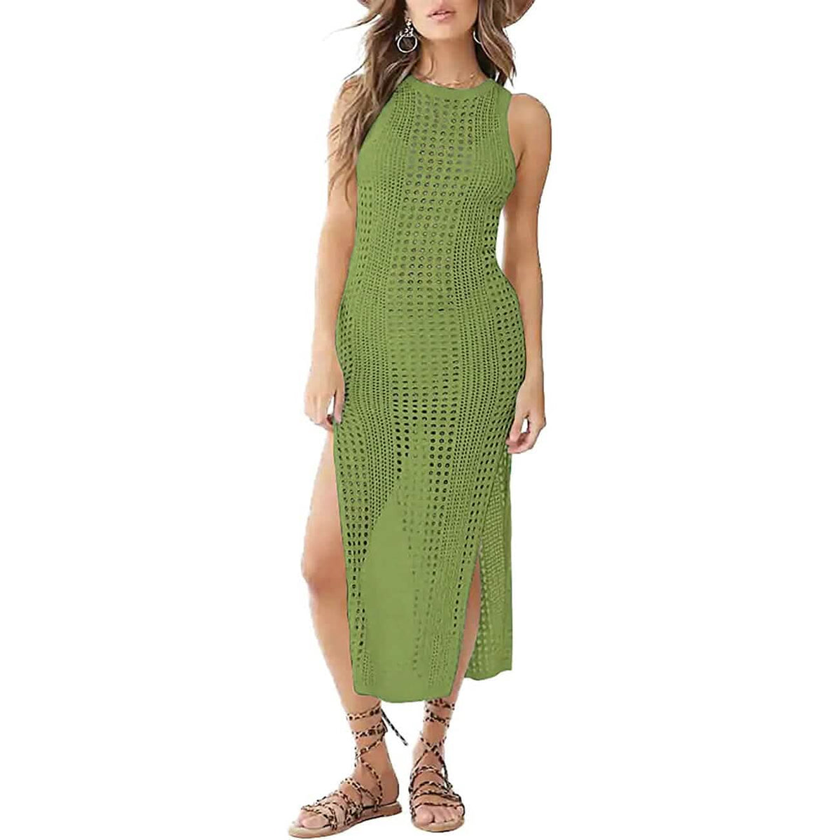 Women Hollow Out Sleeveless Bikini Swimsuit Side Split Long Beach Dresses - A-1 Thread Vault