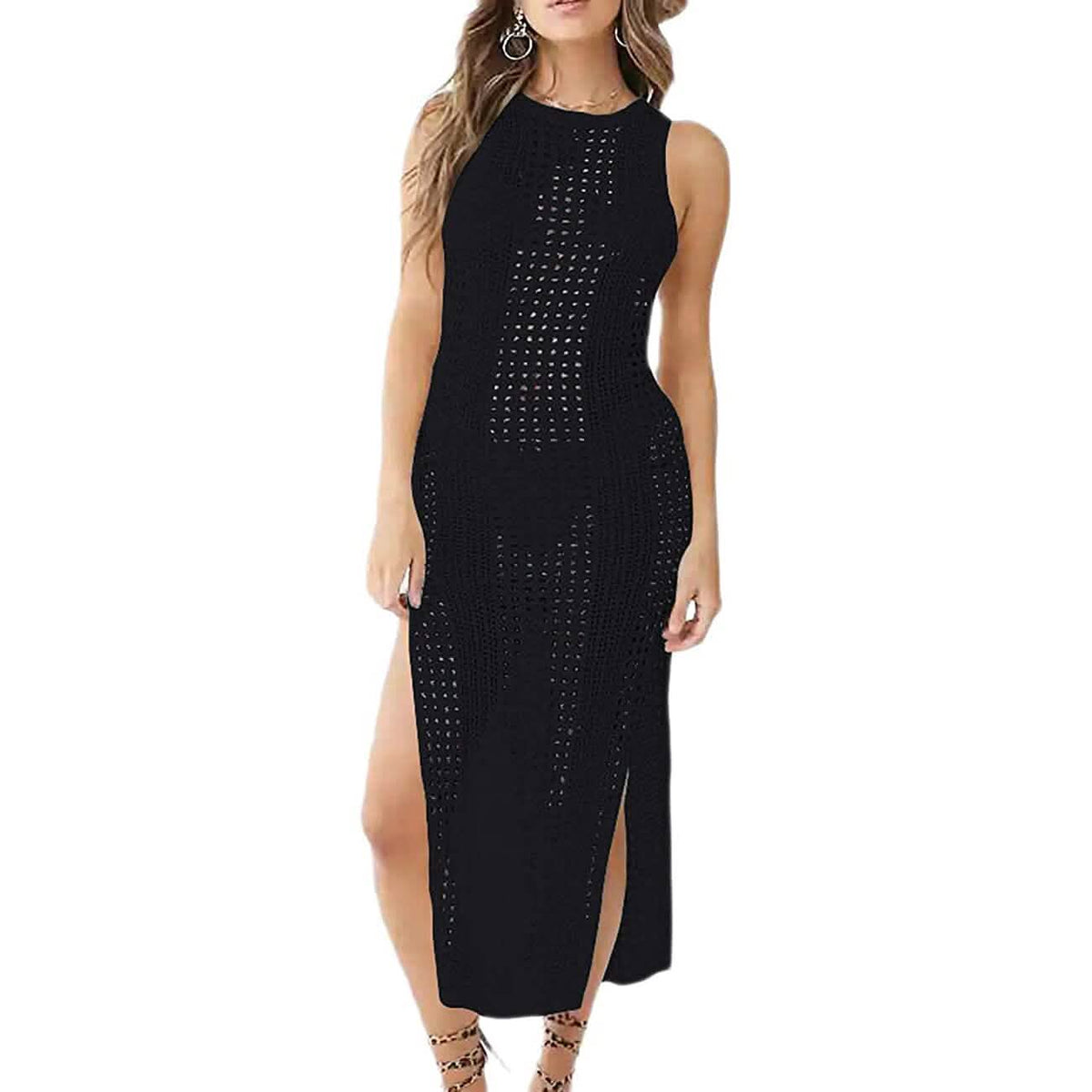 Women Hollow Out Sleeveless Bikini Swimsuit Side Split Long Beach Dresses - A-1 Thread Vault