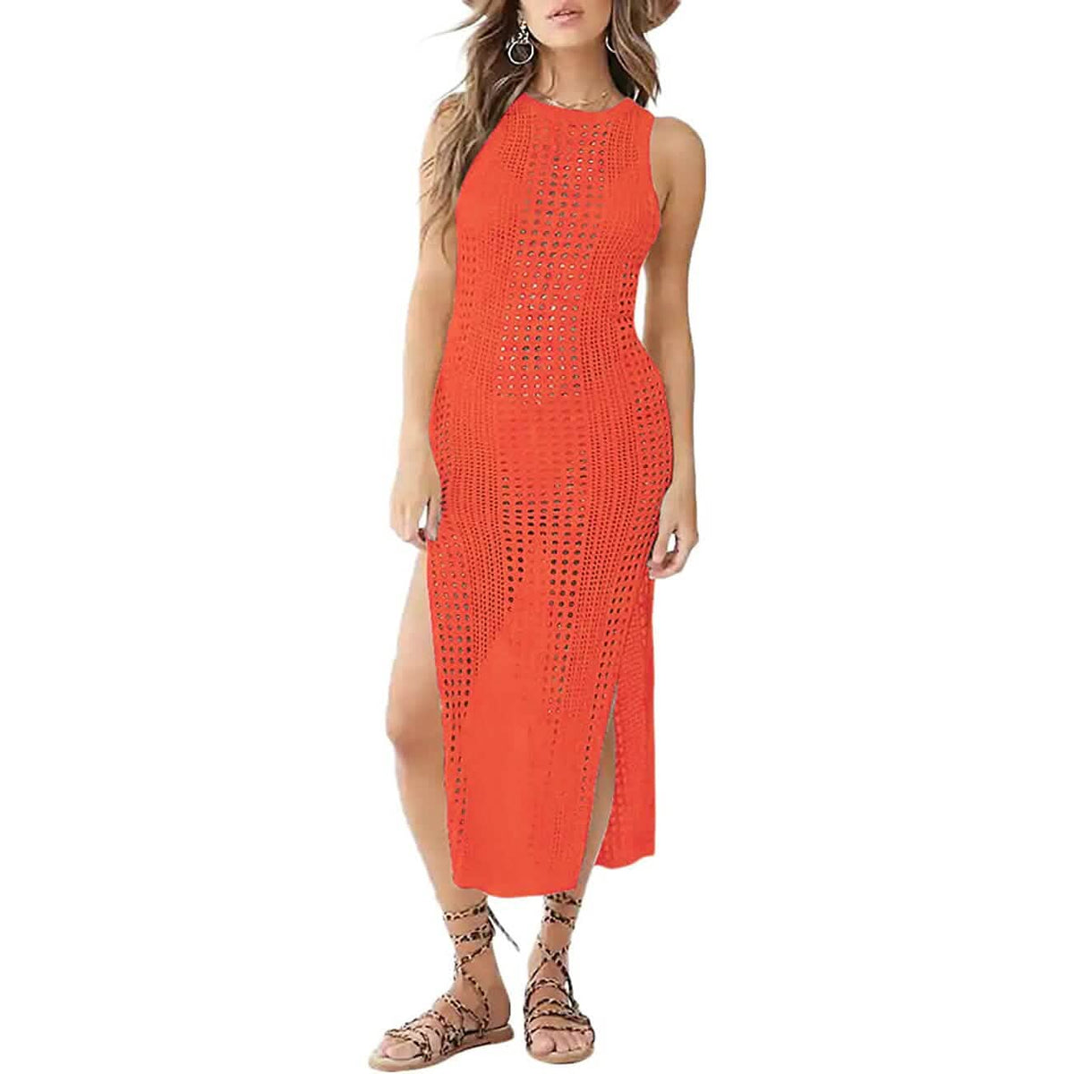 Women Hollow Out Sleeveless Bikini Swimsuit Side Split Long Beach Dresses - A-1 Thread Vault