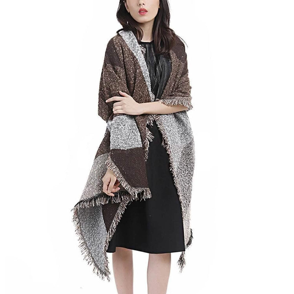Women Long Soft Knitted Shawl Extra Thick Plaid Blanket Wrap Cape - A-1 Thread Vault