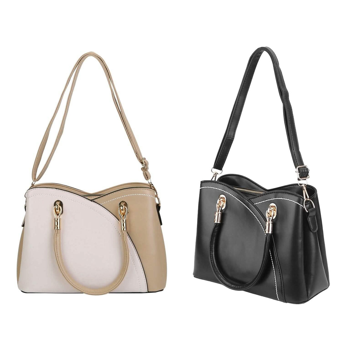 Women Medium Sized Leather Satchel Crossbody Bag with Stylish Stitching Detachable Strap - A-1 Thread Vault