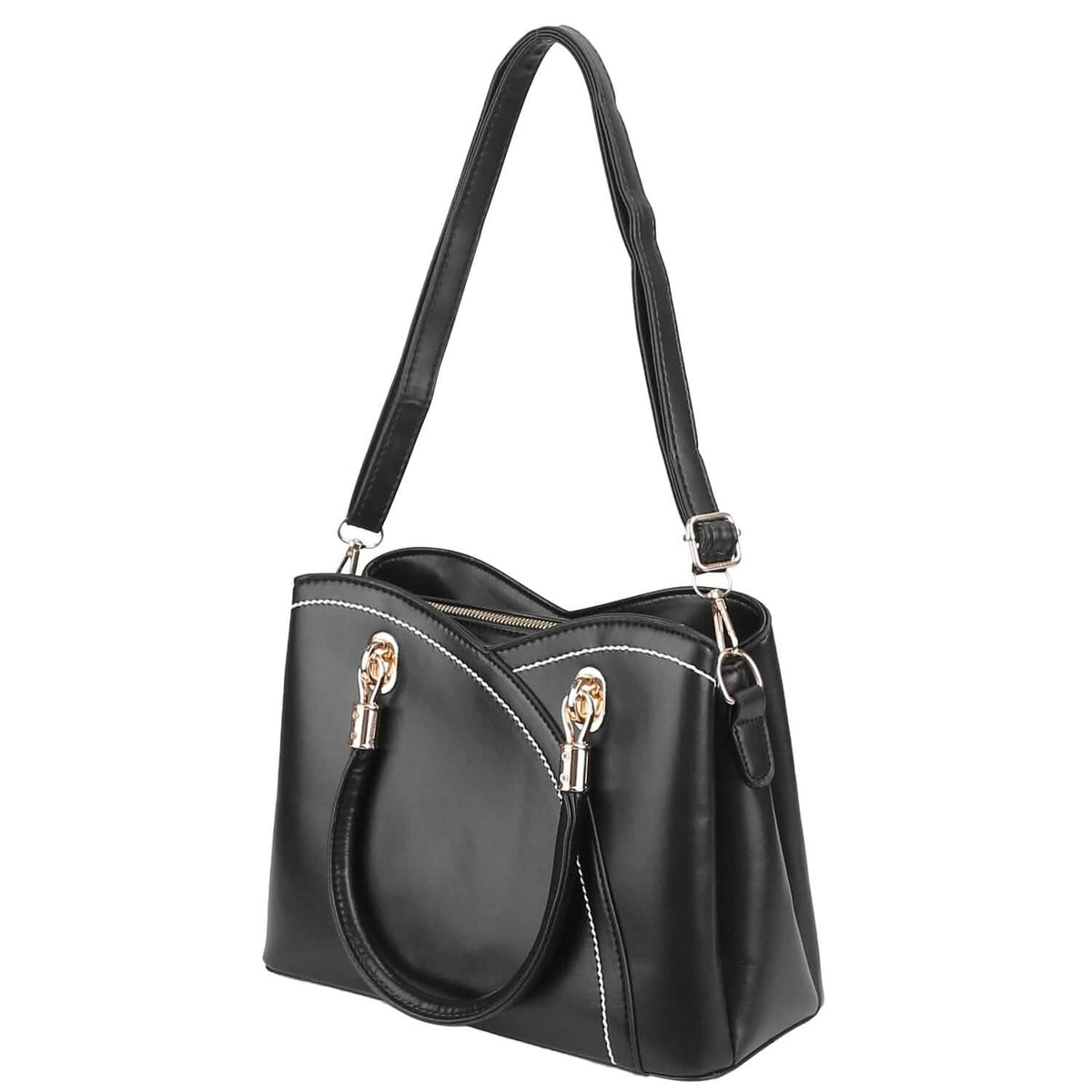 Women Medium Sized Leather Satchel Crossbody Bag with Stylish Stitching Detachable Strap - A-1 Thread Vault