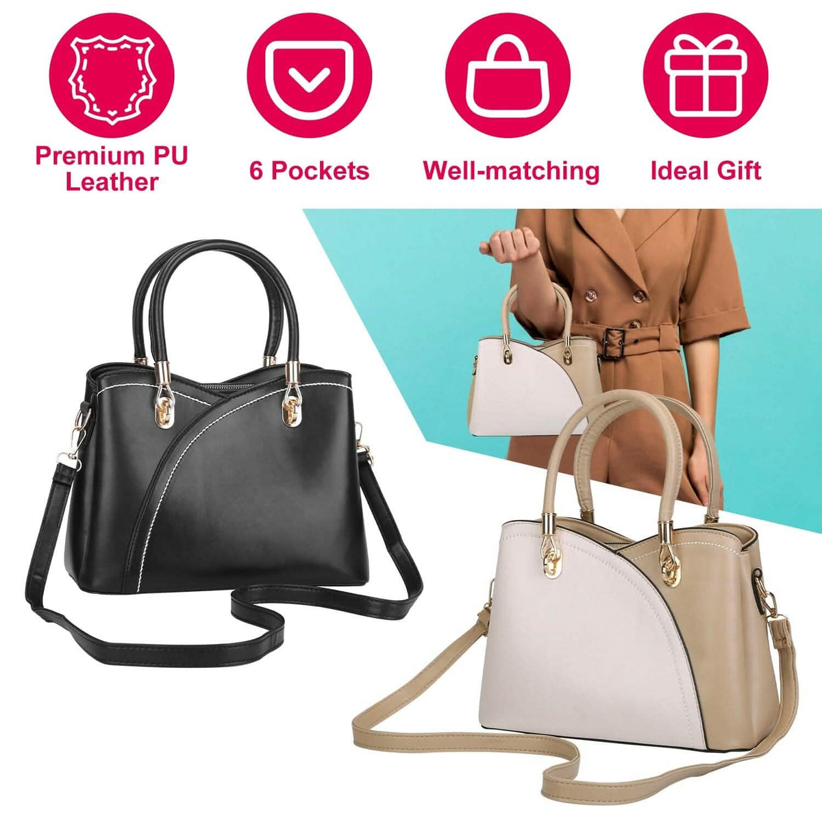 Women Medium Sized Leather Satchel Crossbody Bag with Stylish Stitching Detachable Strap - A-1 Thread Vault