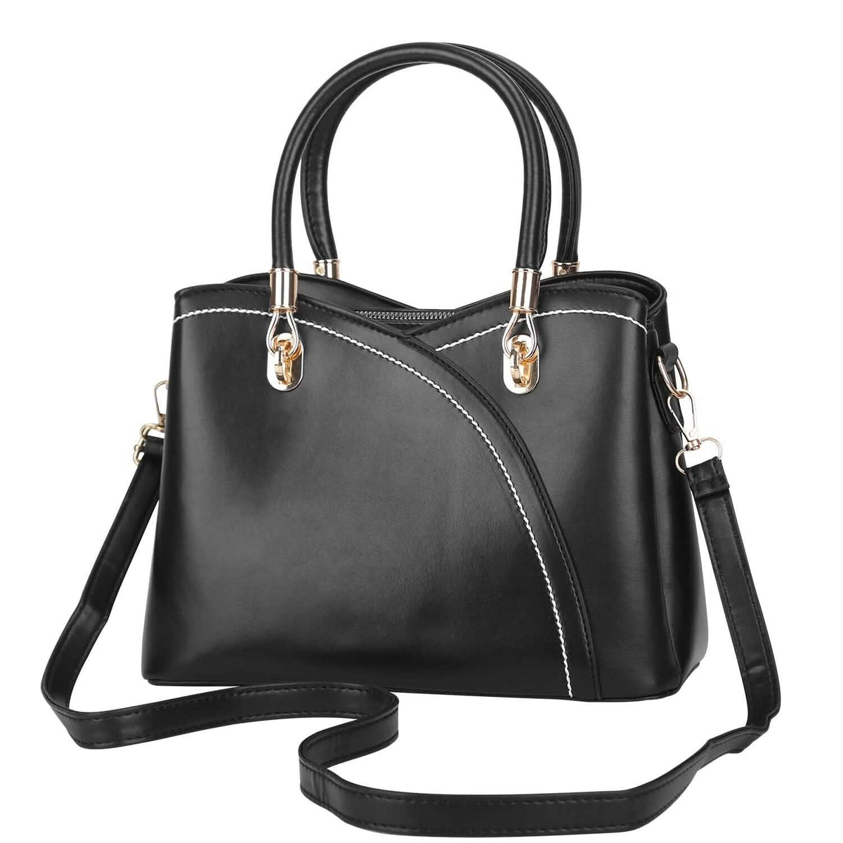 Women Medium Sized Leather Satchel Crossbody Bag with Stylish Stitching Detachable Strap - A-1 Thread Vault