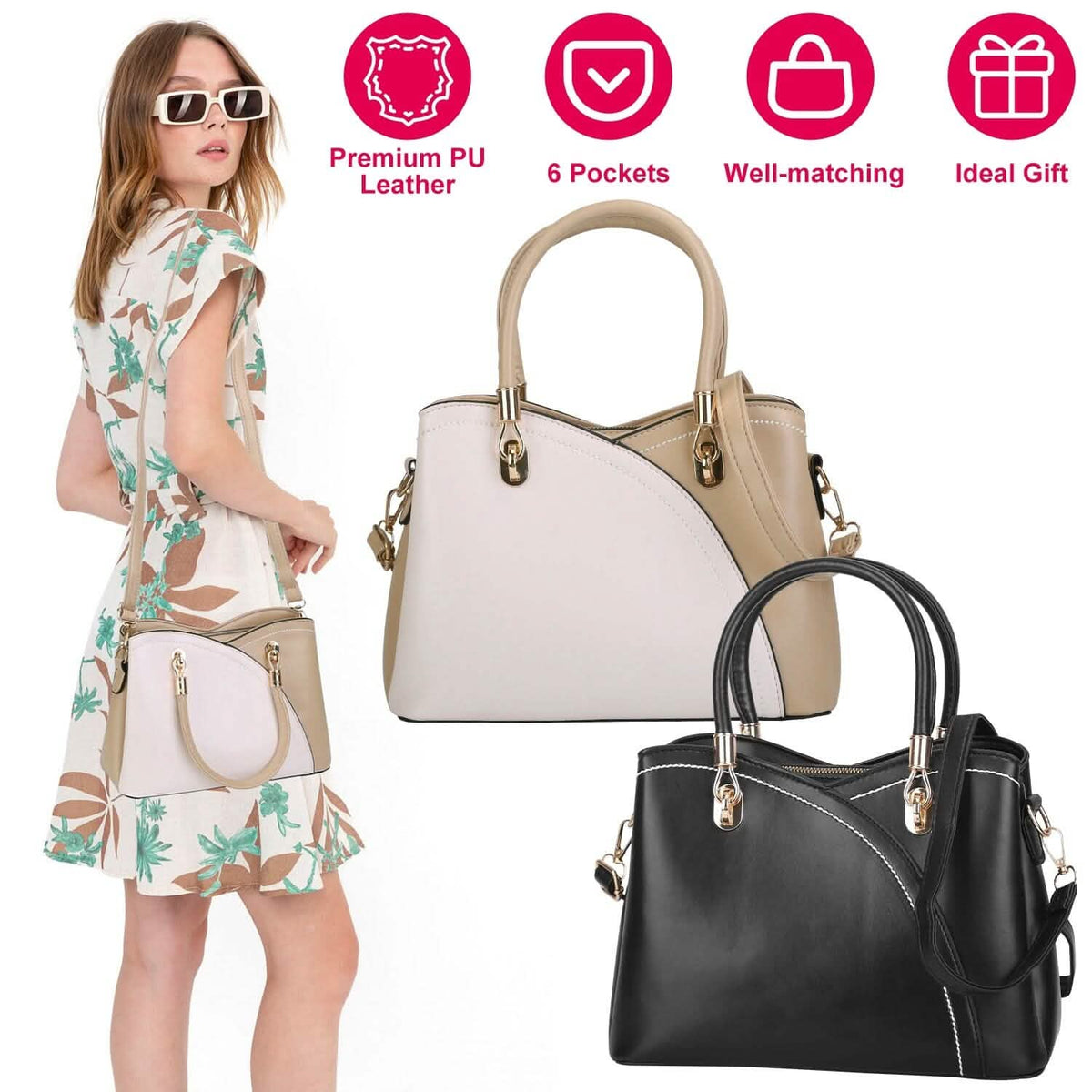 Women Medium Sized Leather Satchel Crossbody Bag with Stylish Stitching Detachable Strap - A-1 Thread Vault