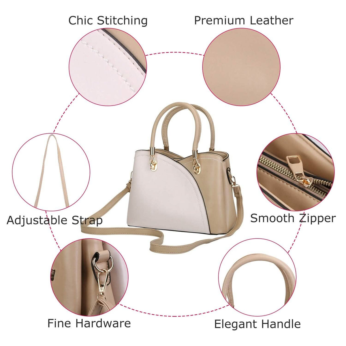 Women Medium Sized Leather Satchel Crossbody Bag with Stylish Stitching Detachable Strap - A-1 Thread Vault