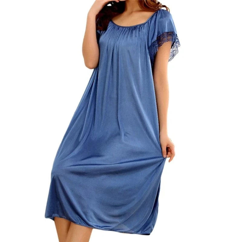 Women Night Gowns Sleepwear Lace Patchwork Nightwear Long Sleeping Dress Casual Ladies Home Dressing - A-1 Thread Vault