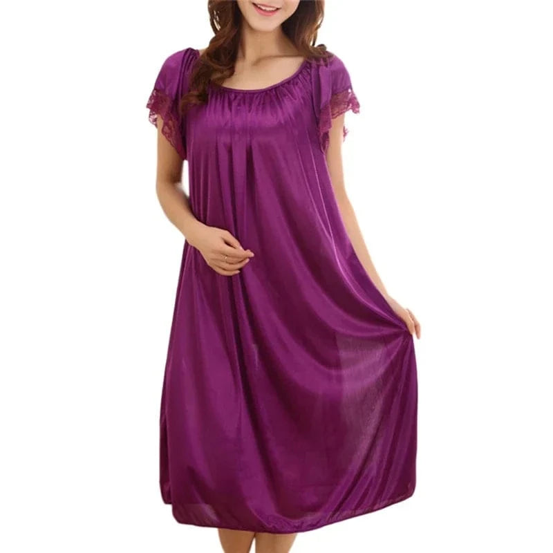 Women Night Gowns Sleepwear Lace Patchwork Nightwear Long Sleeping Dress Casual Ladies Home Dressing - A-1 Thread Vault