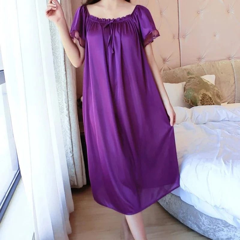Women Night Gowns Sleepwear Lace Patchwork Nightwear Long Sleeping Dress Casual Ladies Home Dressing - A-1 Thread Vault