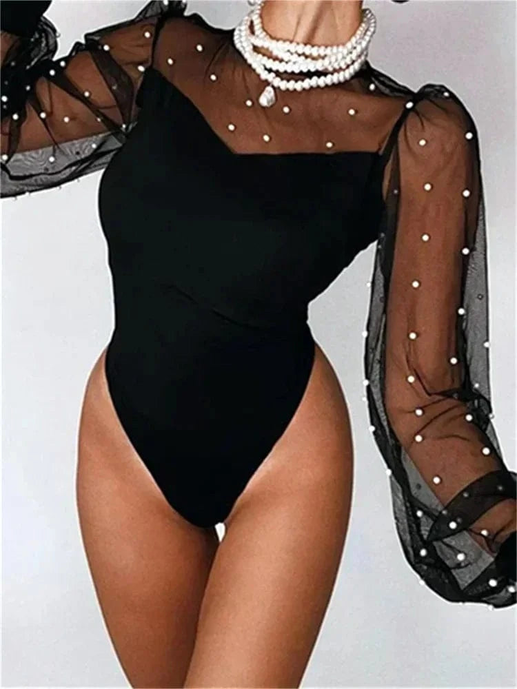 Women Pearl Mesh Puff Sleeve Bodysuit 2024 Fashion Long Sleeve Vintage Body Top Summer Fall Elegant Sexy Blouse Shirts Female - A-1 Thread Vault