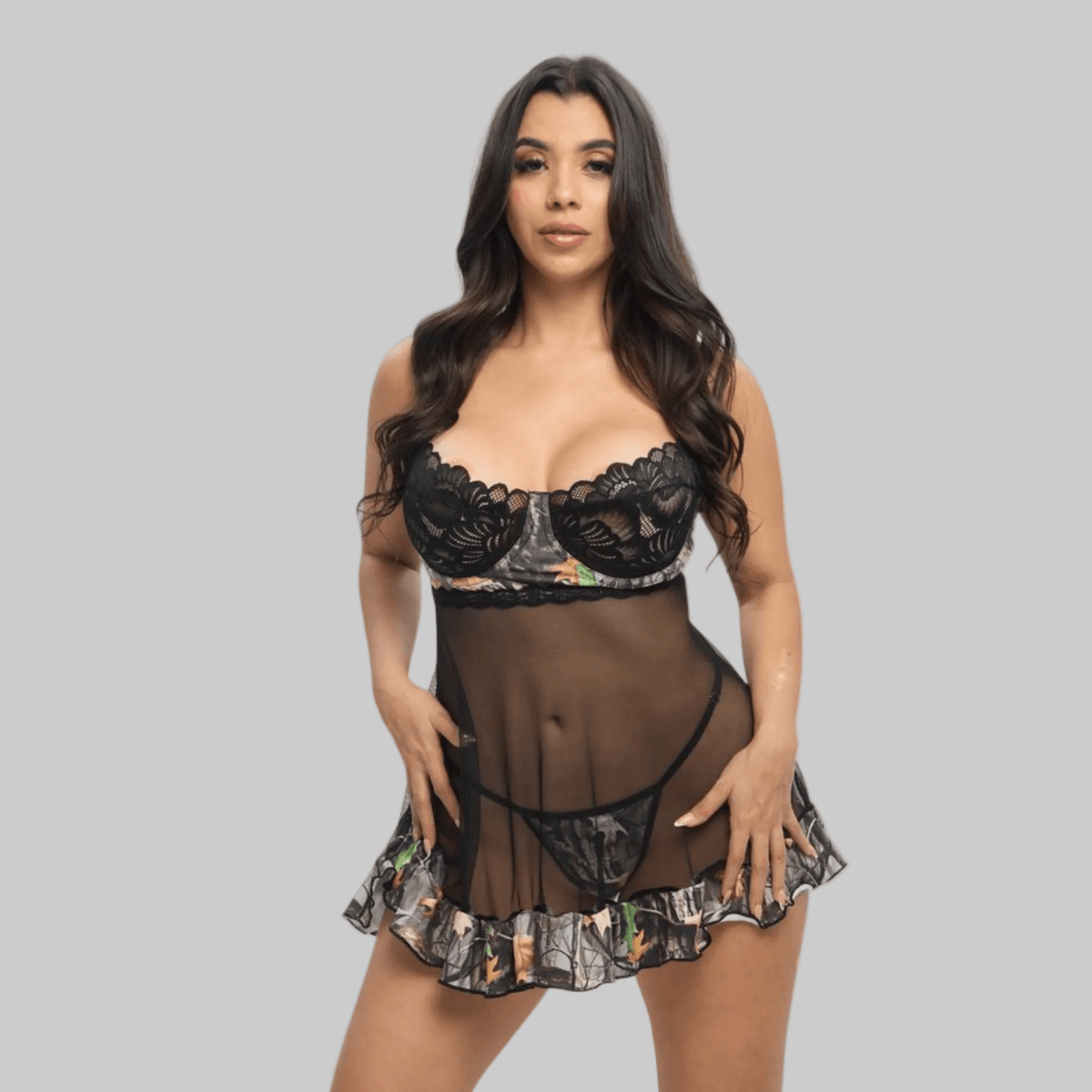 Women's Camo Babydoll Lingerie Set - WoodLand 2-Piece with Thong - Wilderness Dreams - A-1 Thread Vault