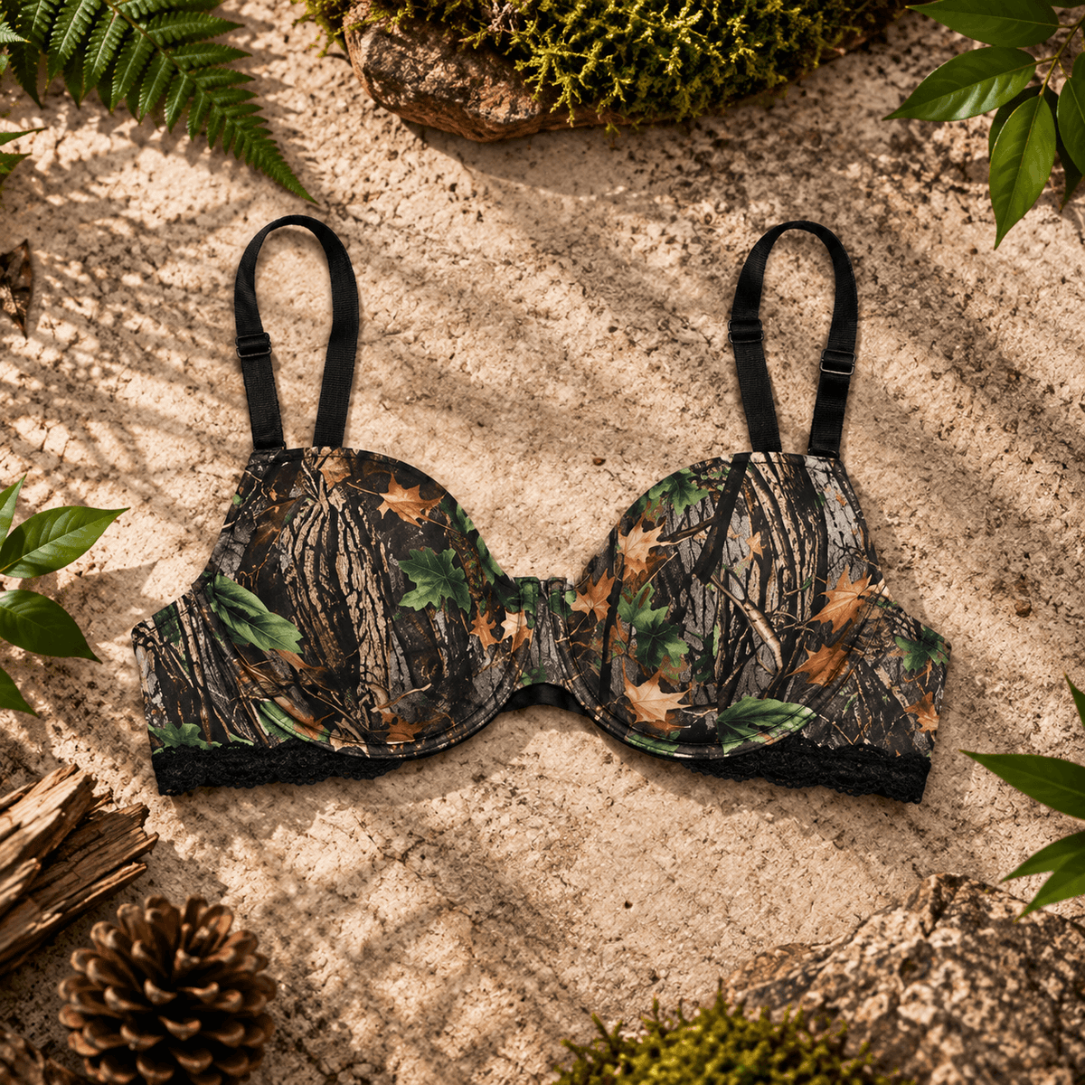 Women's Camo Padded Bra - WoodLand Hunting Lingerie Bra - Wilderness Dreams - A-1 Thread Vault
