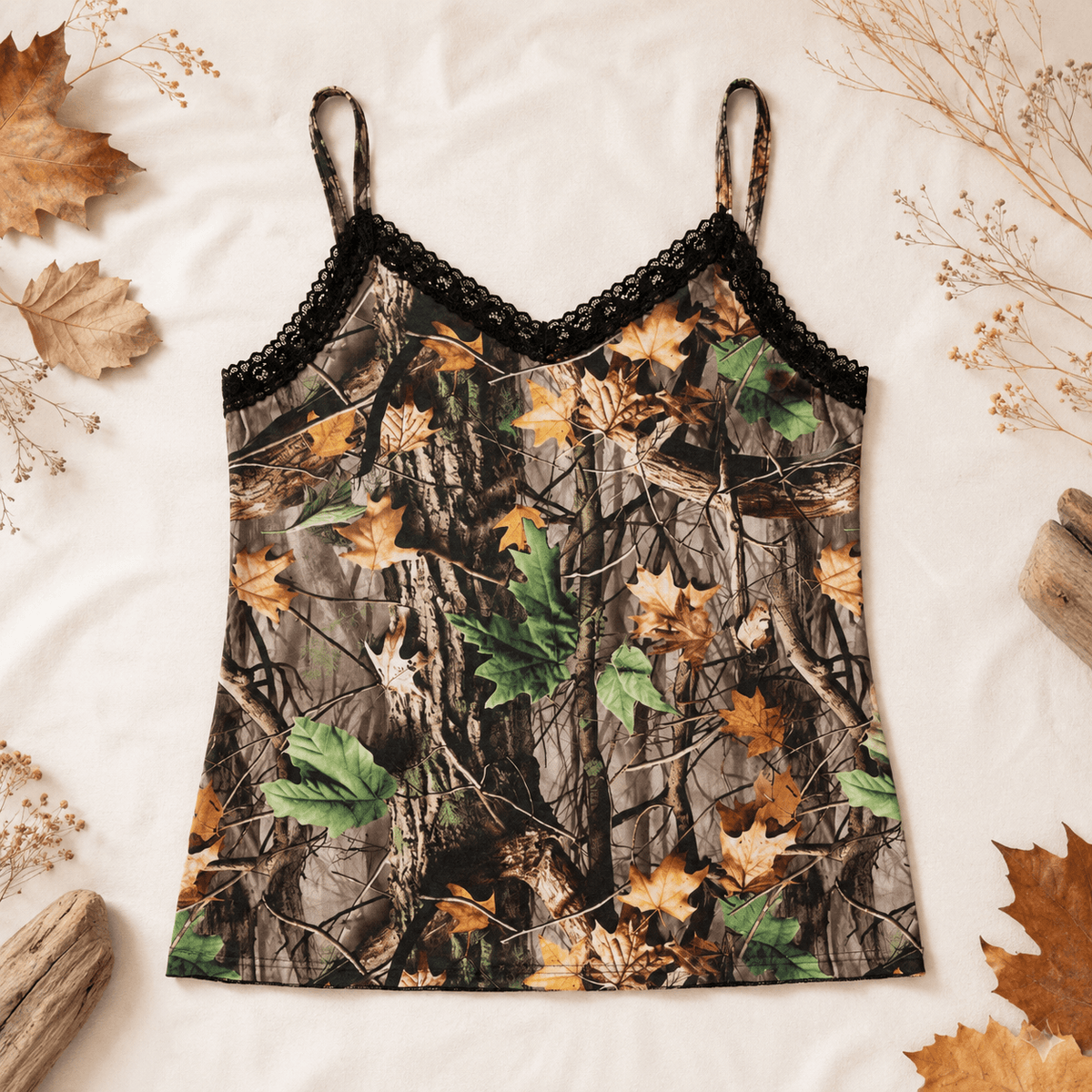 Women's Camo Stretch Camisole - WoodLand Hunting Tank Top - Wilderness Dreams - A-1 Thread Vault
