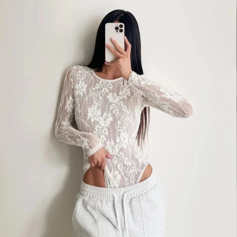 Women's Crew Neck Double Layer Long Sleeved Lace Bodysuit - A-1 Thread Vault